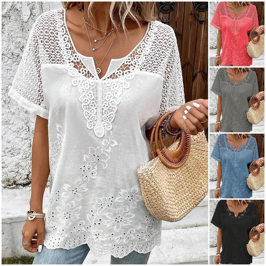 👚 【S–6XL】Elegancka damska bluzka z koronką i dekoltem w serek – haftowana, z krótkim rękawem 🌸