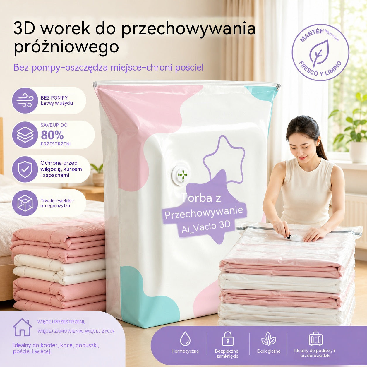 🧳【Zestaw 5 sztuk】💨 Duża, kompresyjna torba próżniowa: nie wymaga pompki, jest szczelna i idealnie nadaje się do oszczędzania miejsca w walizkach i w domu ✈️