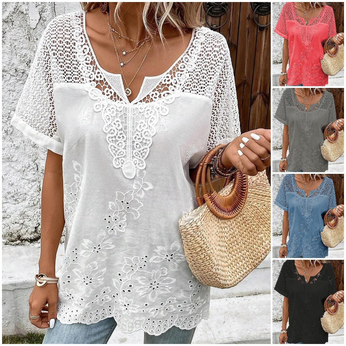 👚 【S–6XL】Elegancka damska bluzka z koronką i dekoltem w serek – haftowana, z krótkim rękawem 🌸