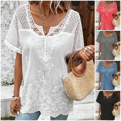 👚 【S–6XL】Elegancka damska bluzka z koronką i dekoltem w serek – haftowana, z krótkim rękawem 🌸