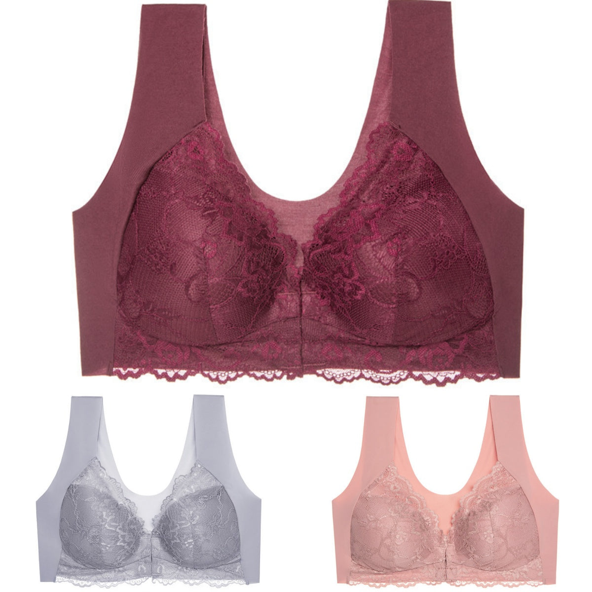 ✨【🔥Oferta ograniczona czasowo🔥】【3-częściowy zestaw】 Seksowny biustonosz damski w dużych rozmiarach bez stalowej ramki z zapięciem z przodu, model podkreślający linię pleców