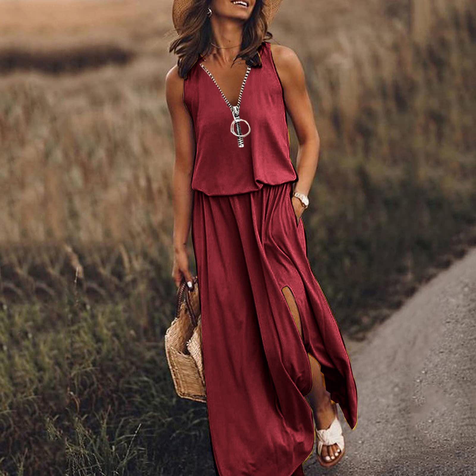 🎁💃【50% zniżki 💥】【S–5XL】Nowa długa sukienka casual bez rękawów, z nadrukiem, dopasowanym krojem i zamkiem błyskawicznym, dla puszystych kobiet