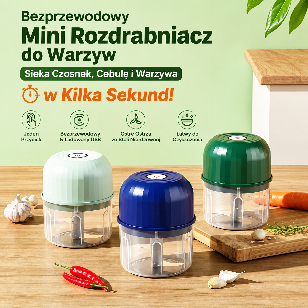 🔥2 sztuki za 109 zł!⏱️🥕 Posiekaj Warzywa w Kilka Sekund – Bezprzewodowy Mini Siekacz!