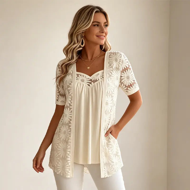 👚 Eleganckie bluzki 2 w 1 z koronką i siateczką – model wyszczuplający brzuch, 5 kolorów, rozmiary S-4XL! 🌸✨