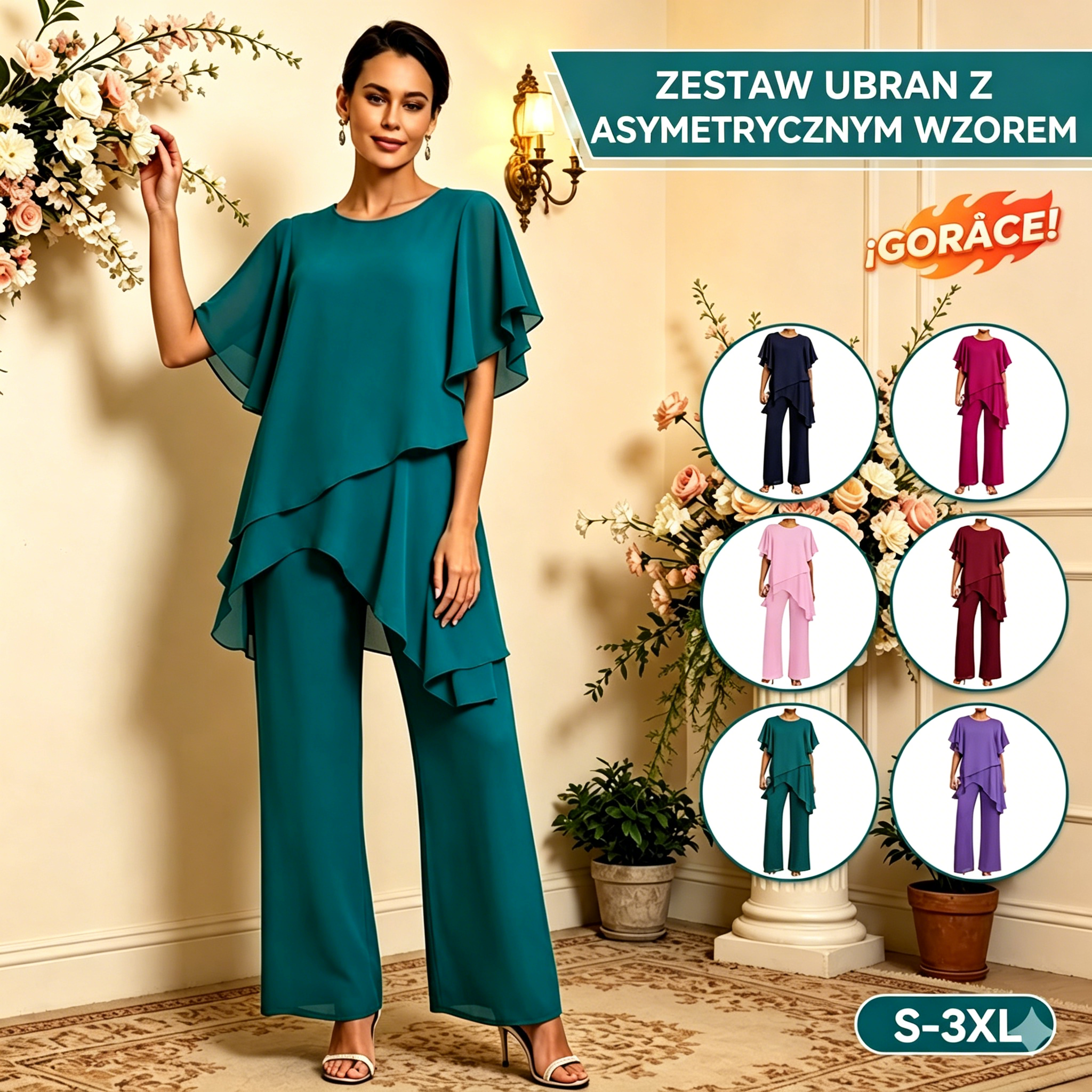 🎁Nowość, 50% zniżki💥【Bluzka + Spodnie】【40-100KG】Nowy elegancki gładki garnitur z szyfonu w szerokiej linii