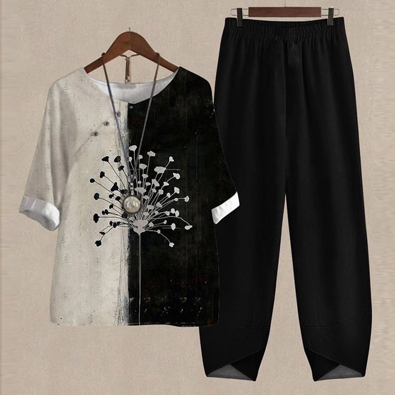 🔥Gorąca sprzedaż🔥【M-5XL】 Dwuczęściowy zestaw topy i spodni z wiosennym nadrukiem