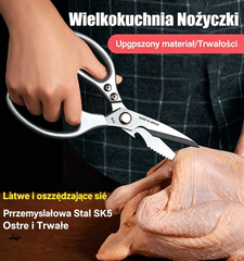 ✂️🐔【Kup 1, a 1 dostaniesz gratis!】Wielofunkcyjne nożyczki kuchenne ze stali nierdzewnej – z twardym ostrzem, idealne do krojenia kości kurczaka itp.! Można nimi również otwierać butelki i skrobać łuski ryb.