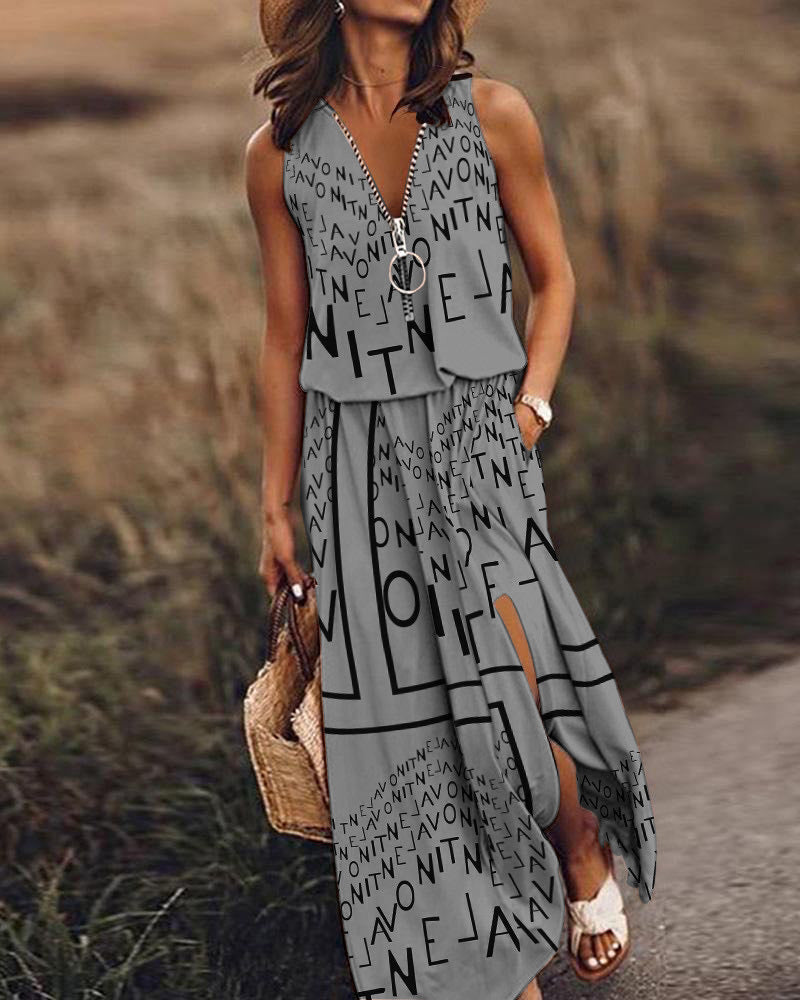 🎁💃【50% zniżki 💥】【S–5XL】Nowa długa sukienka casual bez rękawów, z nadrukiem, dopasowanym krojem i zamkiem błyskawicznym, dla puszystych kobiet