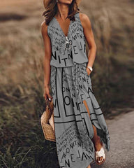 🎁💃【50% zniżki 💥】【S–5XL】Nowa długa sukienka casual bez rękawów, z nadrukiem, dopasowanym krojem i zamkiem błyskawicznym, dla puszystych kobiet
