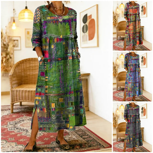 ✨ Ostatni dzień zniżki 50%!【S-5XL】Letnia sukienka w stylu retro z okrągłym dekoltem i nadrukiem – lekka, przewiewna, wyszczuplająca i łatwa w stylizacji.
