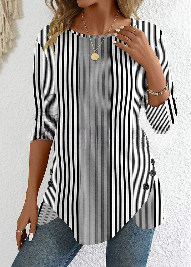 🔥Oferta ograniczona czasowo🔥 【S-3XL】 Damski top w paski z okrągłym dekoltem i nadrukiem
