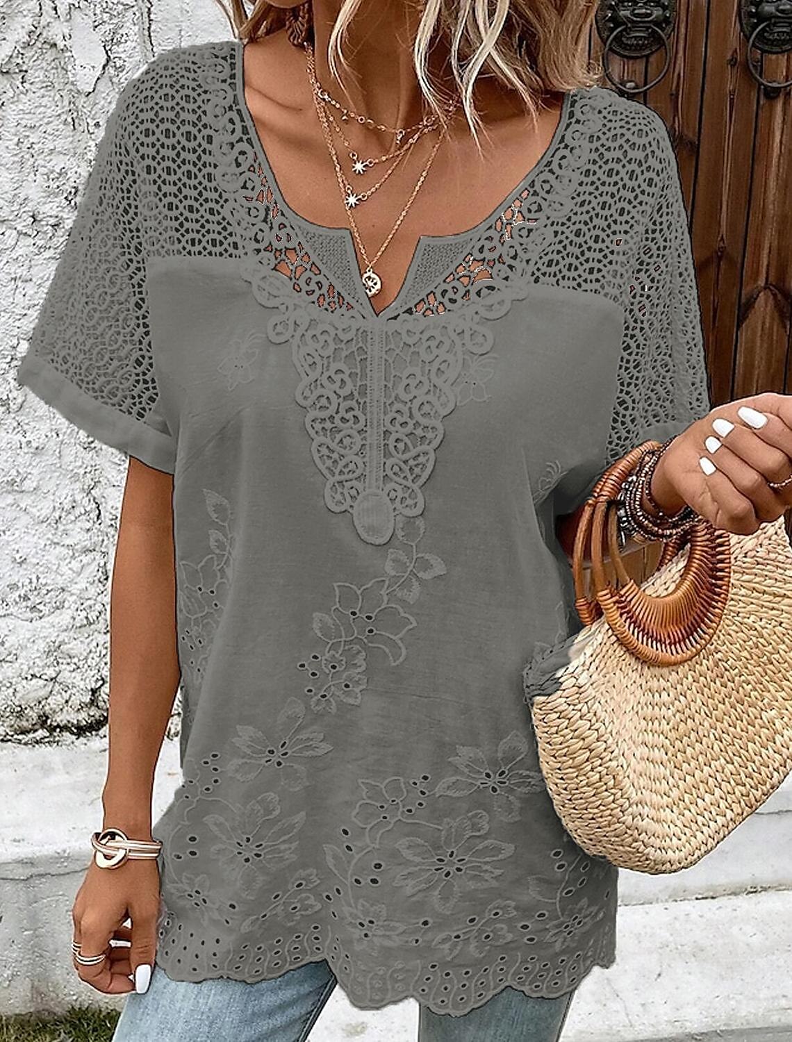 👚 【S–6XL】Elegancka damska bluzka z koronką i dekoltem w serek – haftowana, z krótkim rękawem 🌸