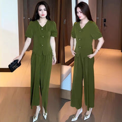 【Top + spodnie z szerokimi nogawkami】Modny garnitur z lodowego jedwabiu
