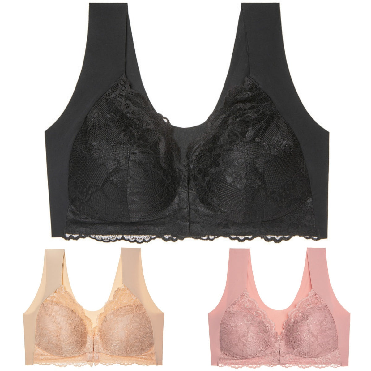 ✨【🔥Oferta ograniczona czasowo🔥】【3-częściowy zestaw】 Seksowny biustonosz damski w dużych rozmiarach bez stalowej ramki z zapięciem z przodu, model podkreślający linię pleców