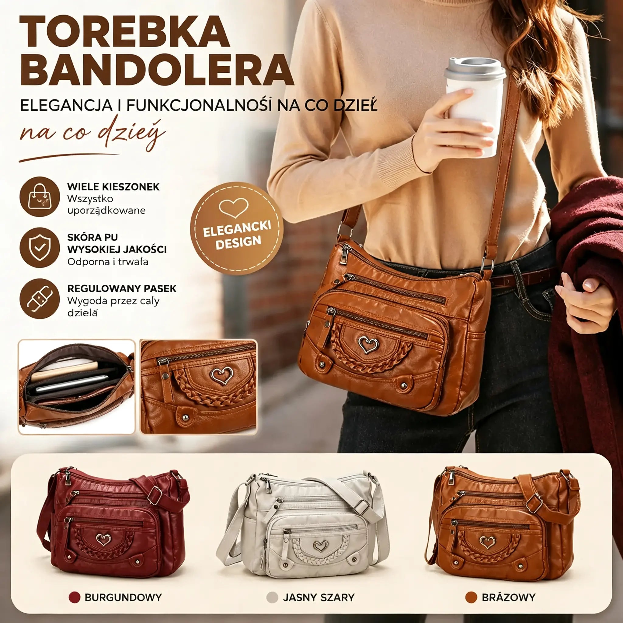 💐 -50%! 🎁 Miękka damska torebka crossbody z PU 👜 Wiele kieszeni – wszystko pod ręką i bez bałaganu 🔑✨