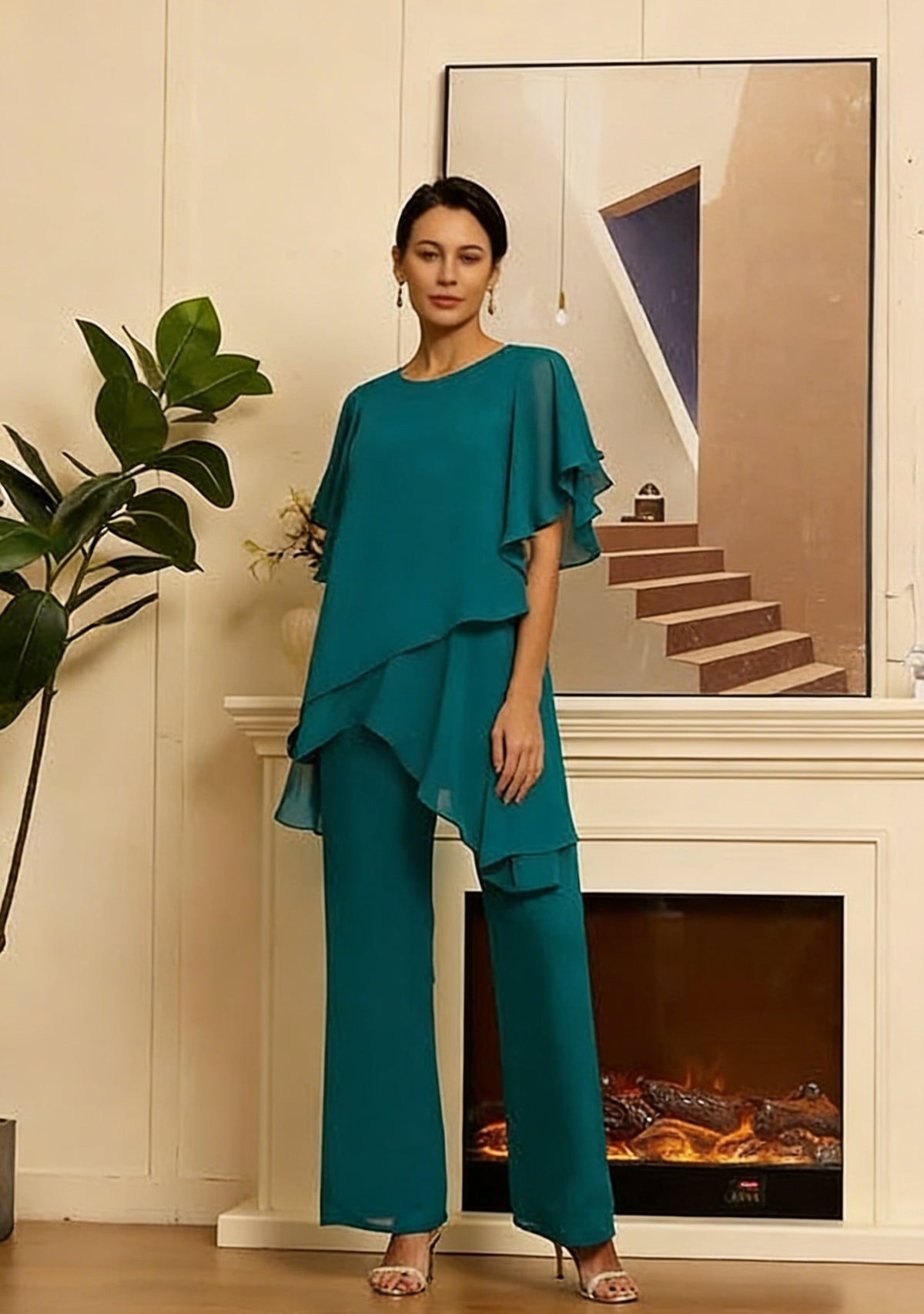 🎁Nowość, 50% zniżki💥【Bluzka + Spodnie】【40-100KG】Nowy elegancki gładki garnitur z szyfonu w szerokiej linii