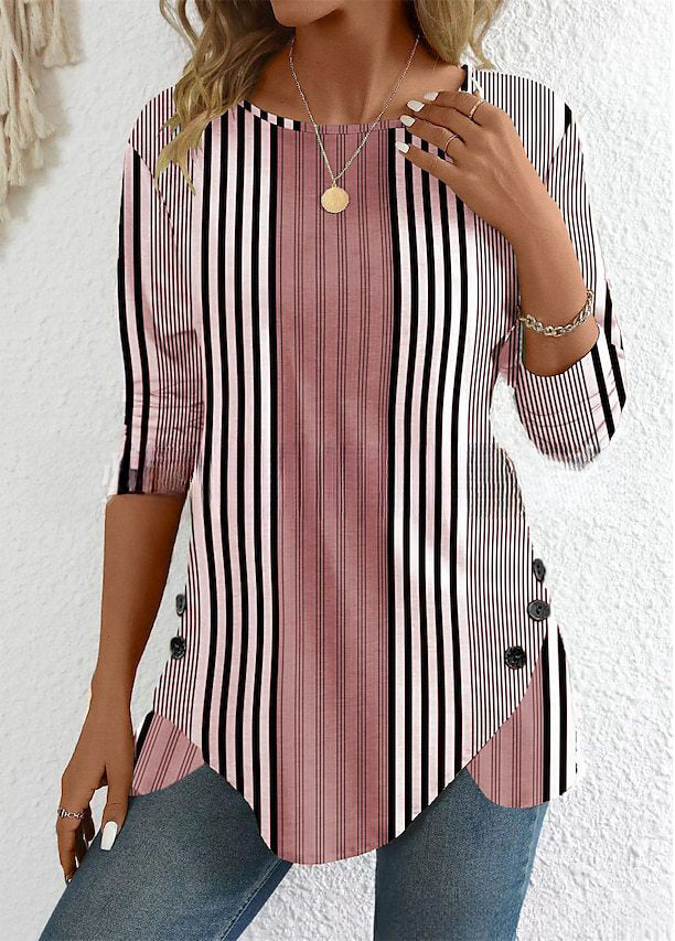 🔥Oferta ograniczona czasowo🔥 【S-3XL】 Damski top w paski z okrągłym dekoltem i nadrukiem