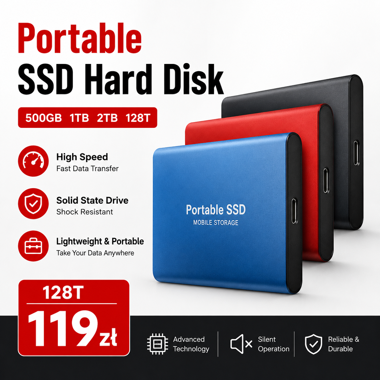📣【128T】【Mały zewnętrzny przenośny dysk SSD】👍Szybka prędkość transferu, niewielkie rozmiary, lekka konstrukcja, odporność na wstrząsy, stabilność