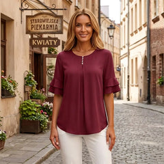 👕【S–3XL】Elegancka damska bluzka z szyfonu z falbanami i rękawami | Swobodna bluzka biurowa z ozdobnymi guzikami, o luźnym i przewiewnym kroju