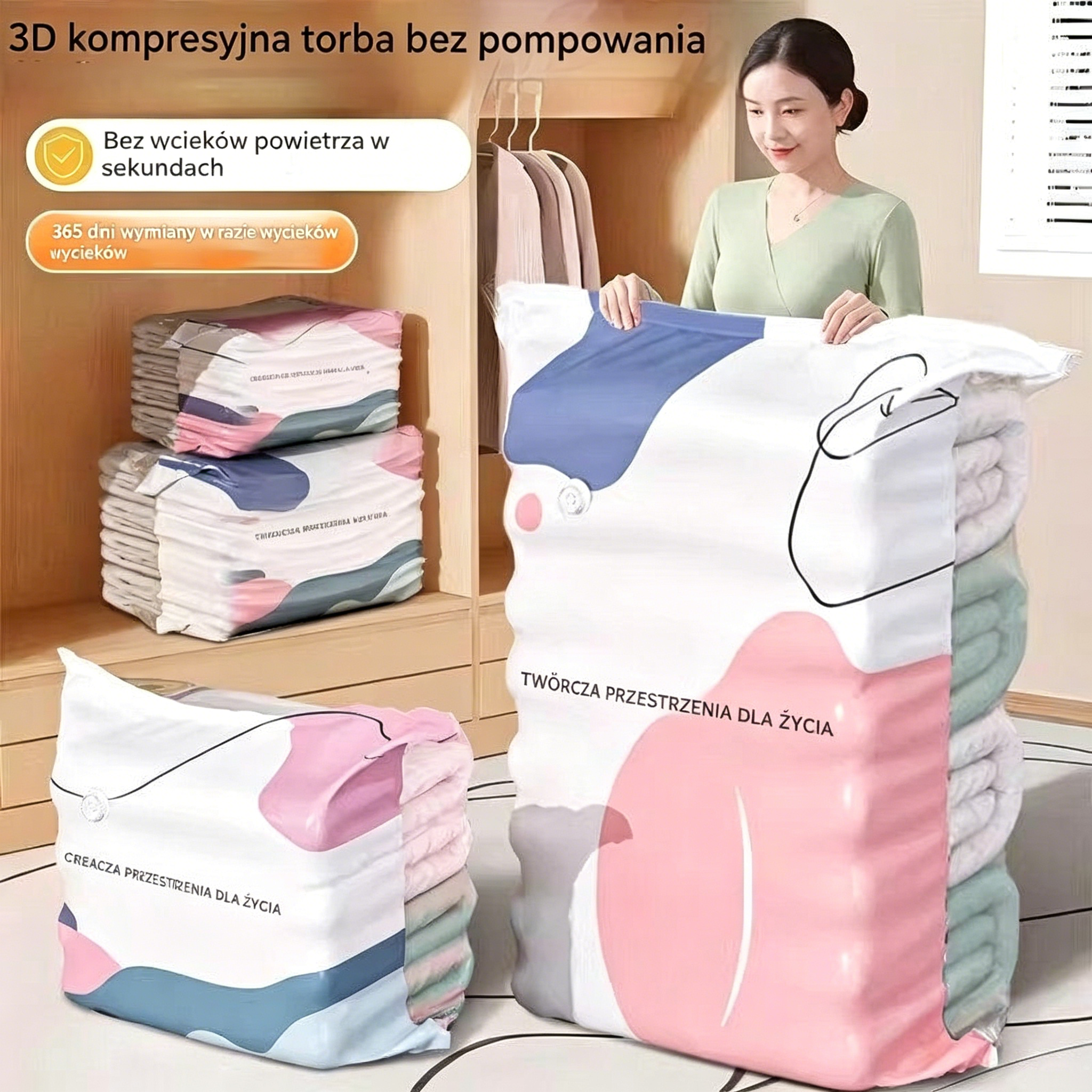 🧳💨 Worki próżniowe 5 szt. 🔥 Tylko 21,80 zł/szt. | Bez pompki | Więcej miejsca w domu