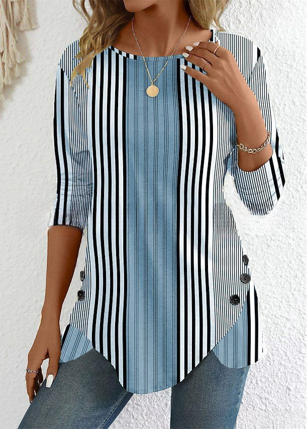 🔥Oferta ograniczona czasowo🔥 【S-3XL】 Damski top w paski z okrągłym dekoltem i nadrukiem