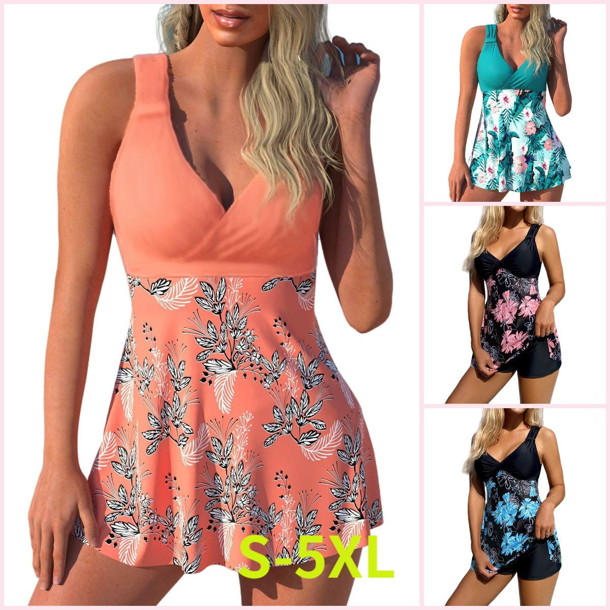 🌴🏖️【Ostatni dzień - 50% zniżki🔥】【S-5XL】Nowy zestaw kostiumu kąpielowego z nadrukiem dla dużych rozmiarów, szorty, rozcięcia na plecach, materiał szybkoschnący