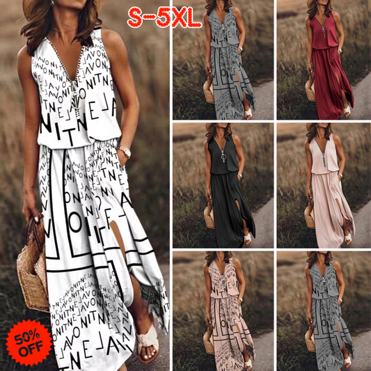 🎁💃【50% zniżki 💥】【S–5XL】Nowa długa sukienka casual bez rękawów, z nadrukiem, dopasowanym krojem i zamkiem błyskawicznym, dla puszystych kobiet