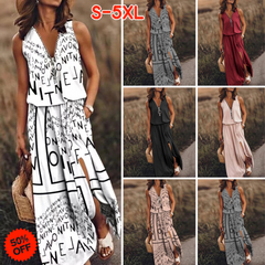 🎁💃【50% zniżki 💥】【S–5XL】Nowa długa sukienka casual bez rękawów, z nadrukiem, dopasowanym krojem i zamkiem błyskawicznym, dla puszystych kobiet