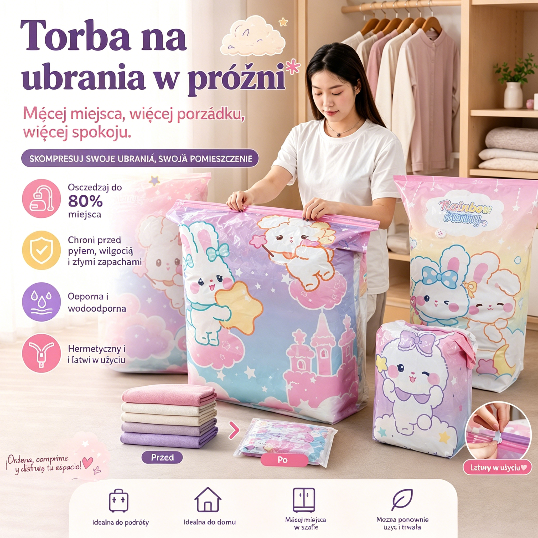 🧳【Zestaw 5 elementów】💨 Kompresyjne worki próżniowe o dużej pojemności: Nie wymagają pompki, przenośne kompresowanie! Pogrubione, szczelne i odporne na przebicie, nadają się do codziennego przechowywania【60*80*32cm】