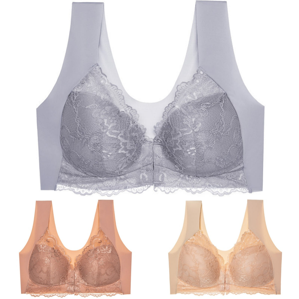 ✨【🔥Oferta ograniczona czasowo🔥】【3-częściowy zestaw】 Seksowny biustonosz damski w dużych rozmiarach bez stalowej ramki z zapięciem z przodu, model podkreślający linię pleców