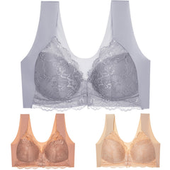 ✨【🔥Oferta ograniczona czasowo🔥】【3-częściowy zestaw】 Seksowny biustonosz damski w dużych rozmiarach bez stalowej ramki z zapięciem z przodu, model podkreślający linię pleców