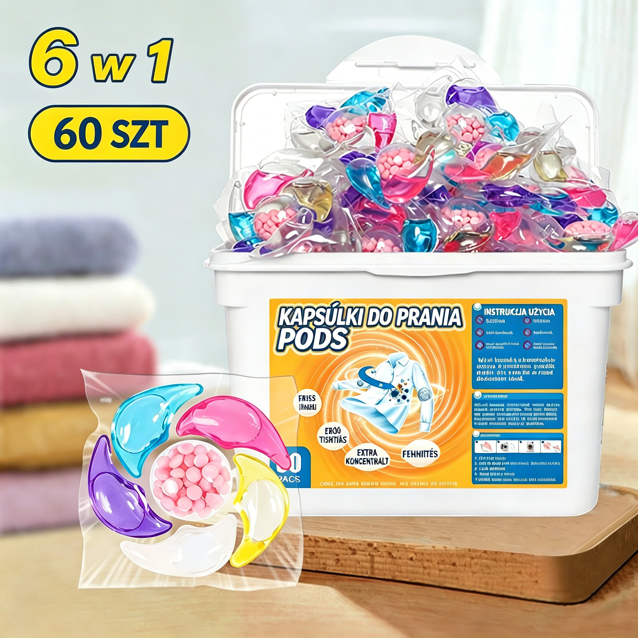 ✨👚【60 szt】✨Kulki zapachowe do prania 6 w 1. Usuwają plamy i pozostawiają zapach, eliminują roztocza i bakterie