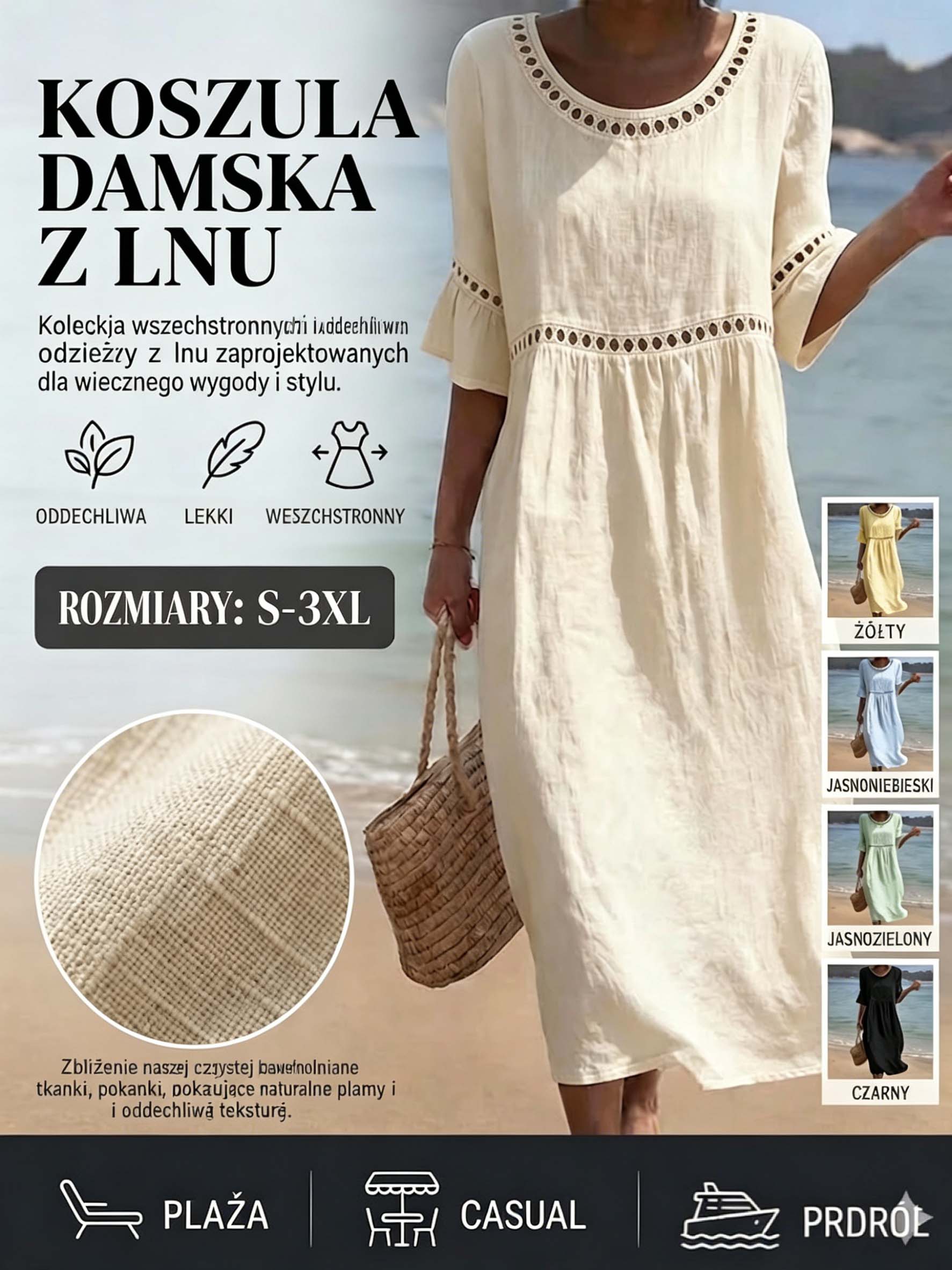 👗☀️【S-3XL】2026 Damska sukienka z bawełny i lnu z bufiastymi rękawami, oddychająca, miękka i wygodna