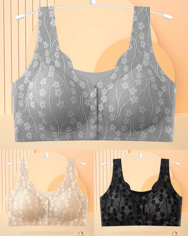 😍【3 sztuk】【40-100KG】Damski, bezprzewodowy, koronkowy biustonosz zapinany z przodu,Ostatni dzień -50% zniżki