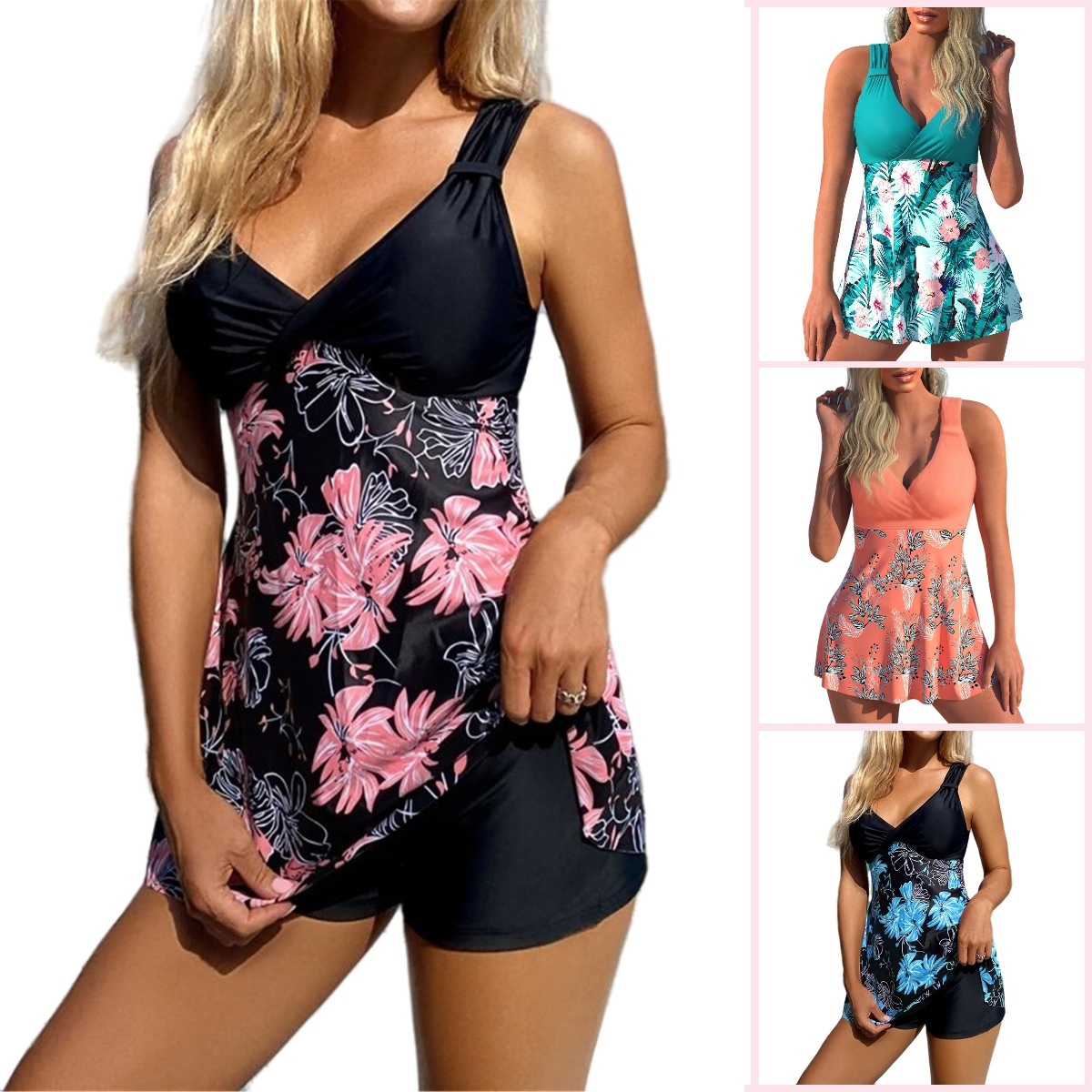 🌴🏖️【Ostatni dzień - 50% zniżki🔥】【S-5XL】Nowy zestaw kostiumu kąpielowego z nadrukiem dla dużych rozmiarów, szorty, rozcięcia na plecach, materiał szybkoschnący