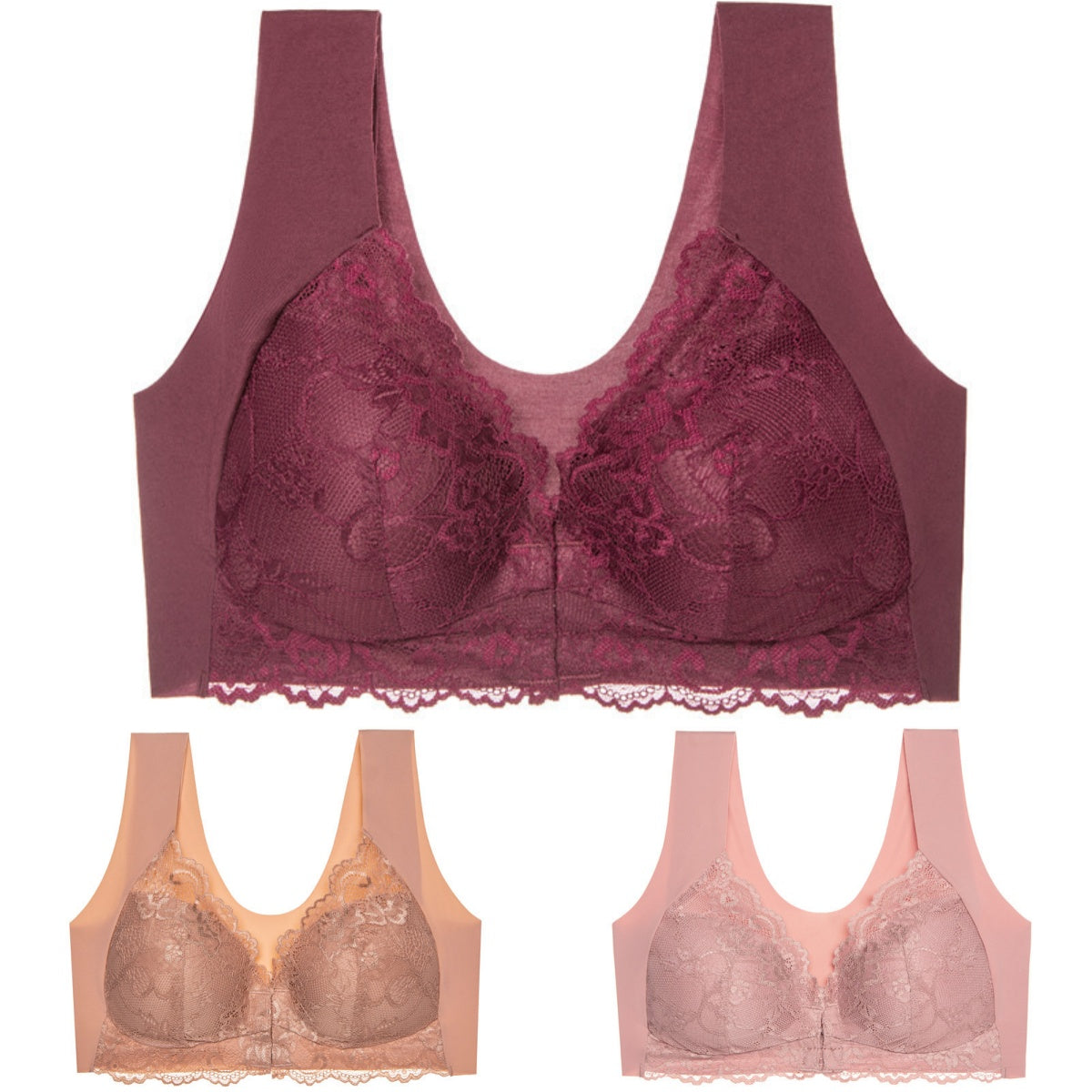 ✨【🔥Oferta ograniczona czasowo🔥】【3-częściowy zestaw】 Seksowny biustonosz damski w dużych rozmiarach bez stalowej ramki z zapięciem z przodu, model podkreślający linię pleców