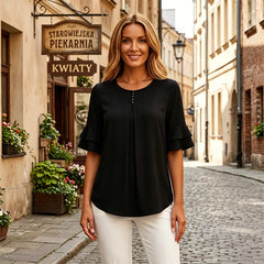 👕【S–3XL】Elegancka damska bluzka z szyfonu z falbanami i rękawami | Swobodna bluzka biurowa z ozdobnymi guzikami, o luźnym i przewiewnym kroju
