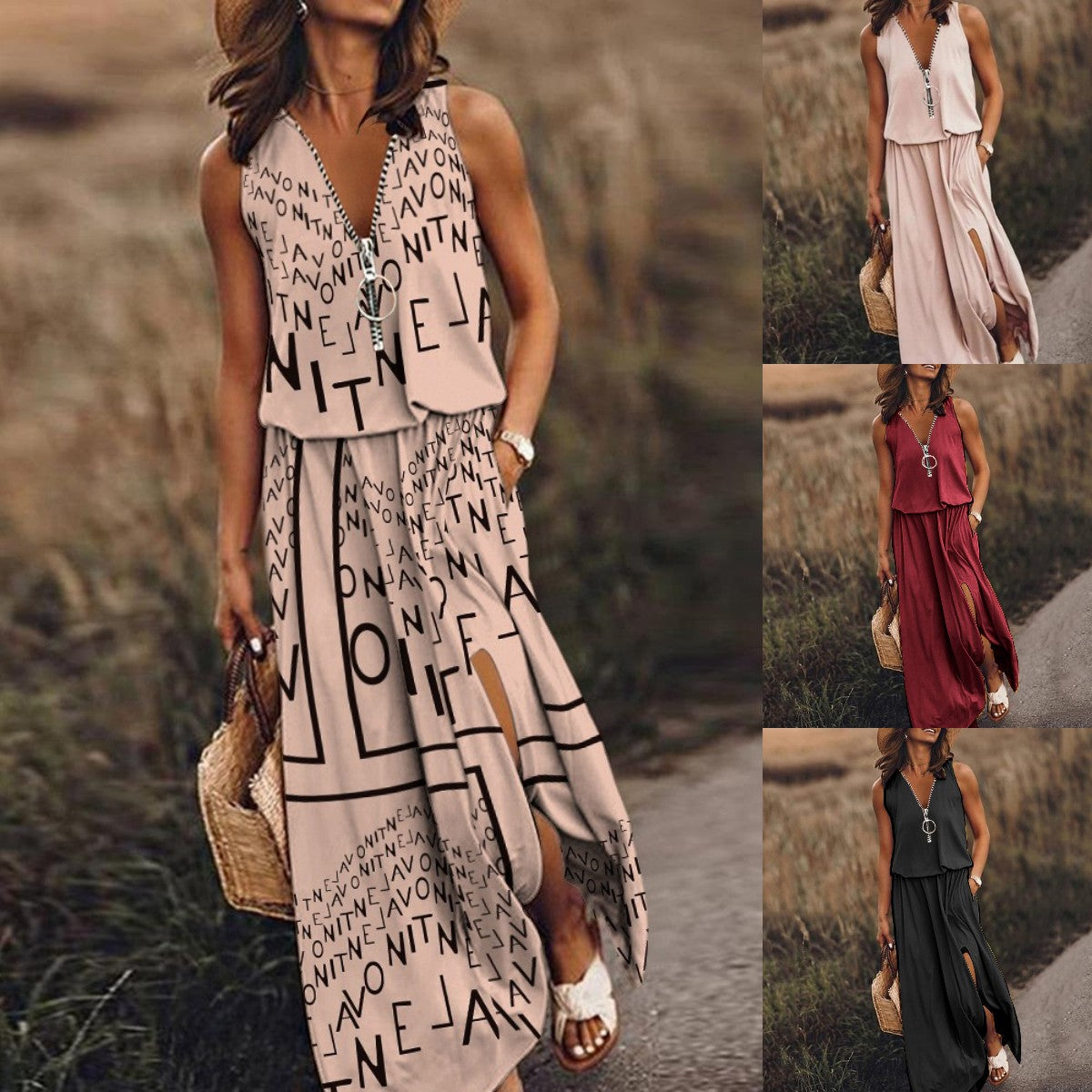 🎁💃【50% zniżki 💥】【S–5XL】Nowa długa sukienka casual bez rękawów, z nadrukiem, dopasowanym krojem i zamkiem błyskawicznym, dla puszystych kobiet