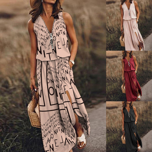 🎁💃【50% zniżki 💥】【S–5XL】Nowa długa sukienka casual bez rękawów, z nadrukiem, dopasowanym krojem i zamkiem błyskawicznym, dla puszystych kobiet