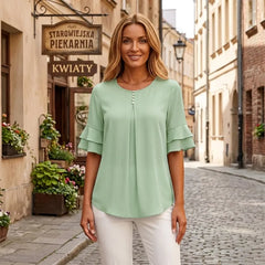 👕【S–3XL】Elegancka damska bluzka z szyfonu z falbanami i rękawami | Swobodna bluzka biurowa z ozdobnymi guzikami, o luźnym i przewiewnym kroju