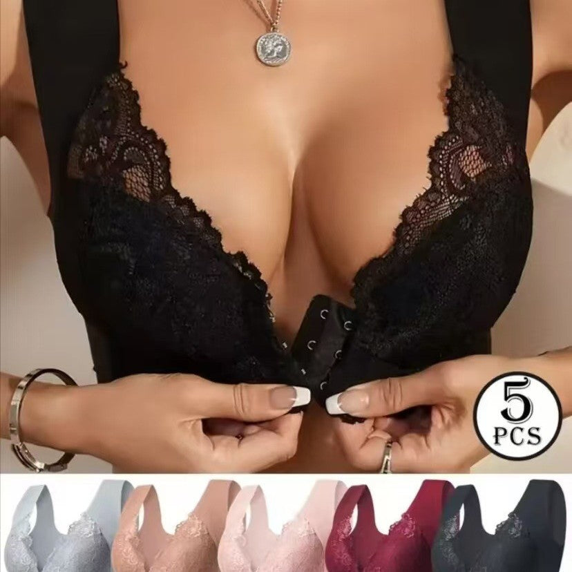 💖【Zestaw 5-częściowy】😍🩲Biustonosz z efektem uniesienia i piękną koronką na plecach, duży rozmiar, z wycięciem push-up i zapięciem z przodu【40-100 kg】