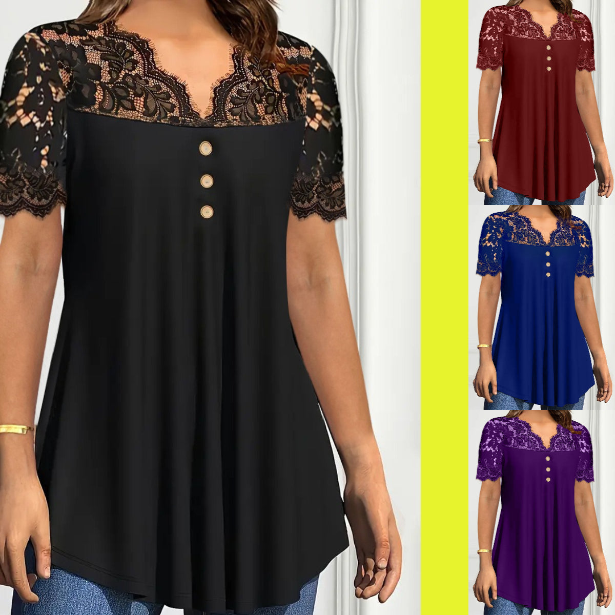 🔥【S-2XL】💖🎁Nowy koronkowy top z dekoltem w serek i krótkimi rękawami na wiosnę/lato 2026
