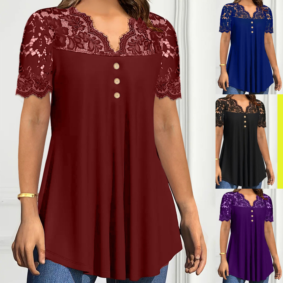 🔥【S-2XL】💖🎁Nowy koronkowy top z dekoltem w serek i krótkimi rękawami na wiosnę/lato 2026