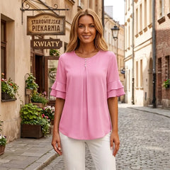 👕【S–3XL】Elegancka damska bluzka z szyfonu z falbanami i rękawami | Swobodna bluzka biurowa z ozdobnymi guzikami, o luźnym i przewiewnym kroju